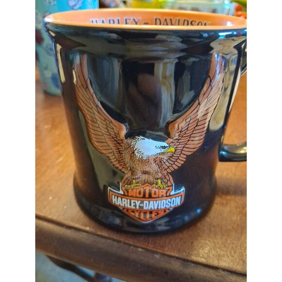 2001 Harley-Davidson Motorcycles Coffee Mug Embossed Eagle Logo Black/Orange VTG - Picture 2 of 3